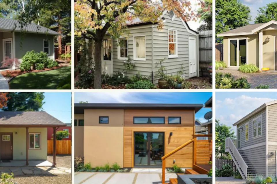 Collage of six backyard cottages/ADUs in Cincinnati, Ohio.